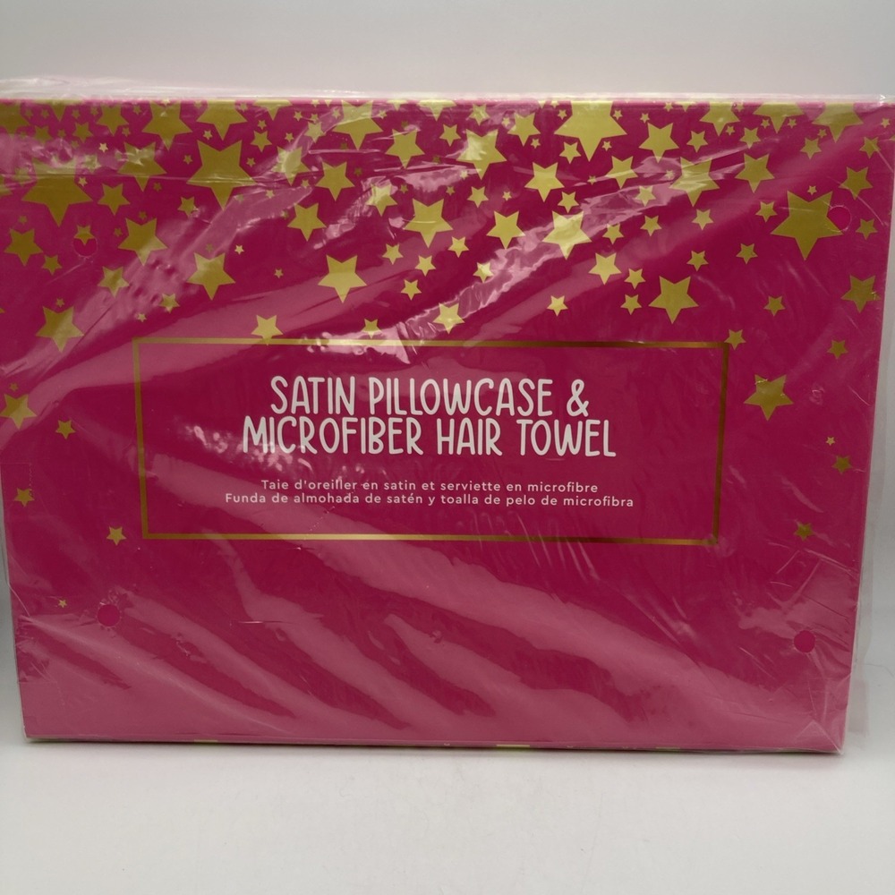 Satin Hot Pink Pillowcase & Star Print Microfiber Hair Towel Arcadia Beauty NEW